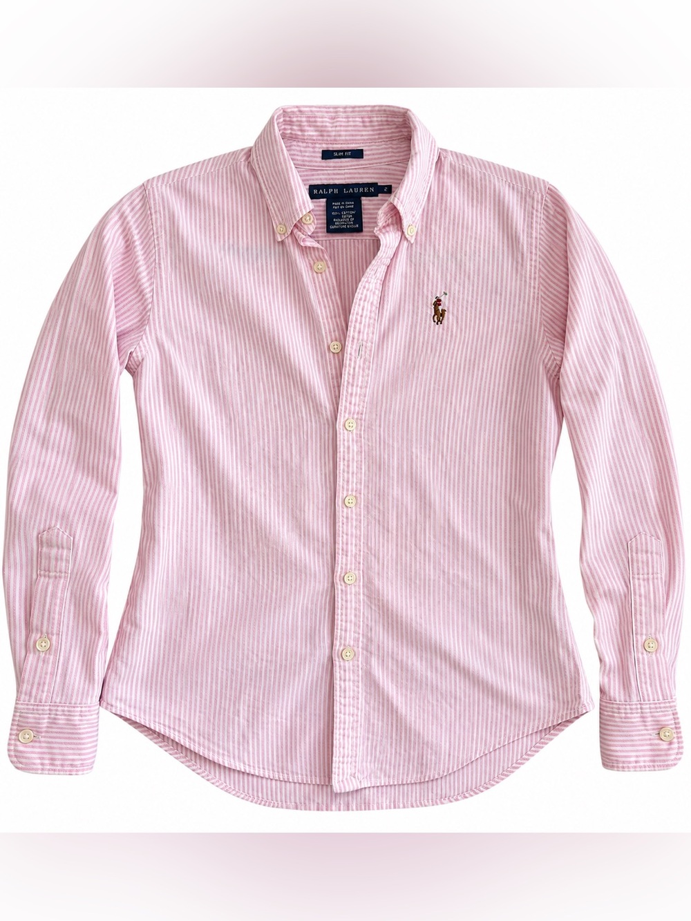 Ralph Lauren Pink White Striped Oxford Button Down Shirt Slim Fit Size 2